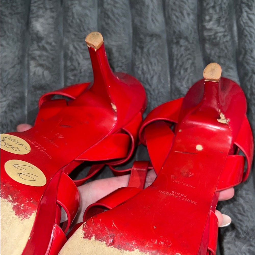YSL Saint Laurent Red Patent Strappy Platform Heels - Picture 7 of 13